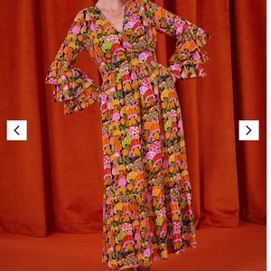 Dawn O'Porter x Joanie Sangria Mushroom Print Ruffle Midaxi Dress NWT, size 6/8